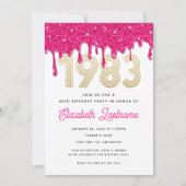 Hot Pink Glitter Drip 40th Birthday Invitation Kaart (Voorkant)