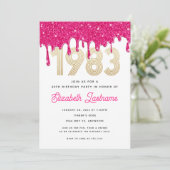 Hot Pink Glitter Drip 40th Birthday Invitation Kaart (Staand voorkant)