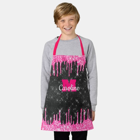 Hot Pink Glitter Drip op Black Sparkle Kinder naam Schort (Gedragen)