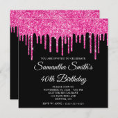 Hot Pink Glitter Drips op Black 40th Verjaardag Kaart (Voorkant / Achterkant)