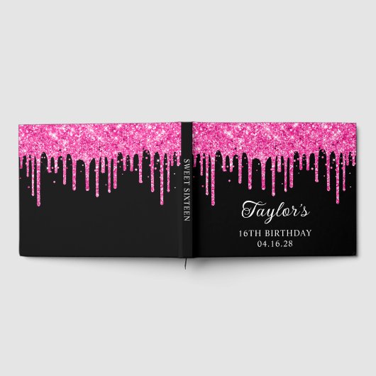 Hot Pink Glitter Drips Zwart 16e Verjaardag Gastenboek (Volledig)
