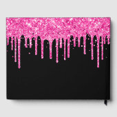 Hot Pink Glitter Drips Zwart 16e Verjaardag Gastenboek (Achterkant)