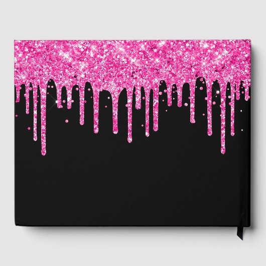 Hot Pink Glitter Drips Zwart 16e Verjaardag Gastenboek (Achterkant)