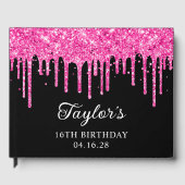 Hot Pink Glitter Drips Zwart 16e Verjaardag Gastenboek (Voorkant)