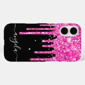 Hot Pink Glitter Drips Zwart Glam Signature Case-Mate iPhone Case (Achterkant (horizontaal))