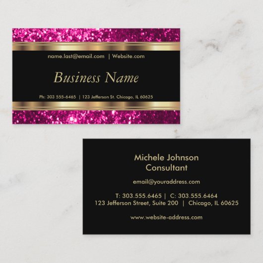 Hot Pink Glitter en Elegant Gold Visitekaartje (Voorkant / Achterkant)