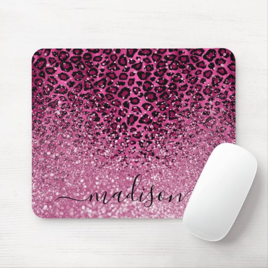 Hot Pink Glitter en Leopard Pattern - Personalisee Muismat (Met muis)