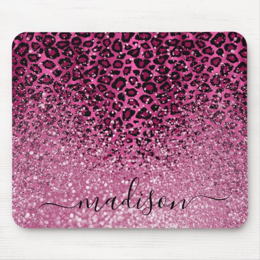 Hot Pink Glitter en Leopard Pattern - Personalisee Muismat (Voorkant)