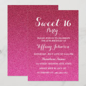 Hot Pink Glitter Faux Ombre Sweet 16 Uitnodiging (Voorkant / Achterkant)