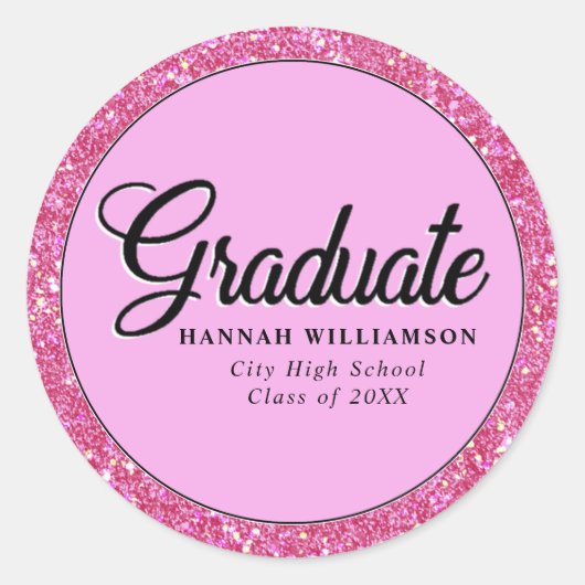 Hot Pink Glitter gepersonaliseerd Afstuderen Ronde Sticker (Voorkant)