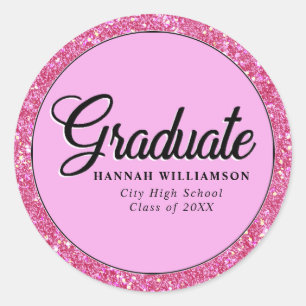 Hot Pink Glitter gepersonaliseerd Afstuderen Ronde Sticker