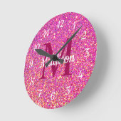 Hot Pink Glitter Girly Glam Monogram Naam Ronde Klok (Hoek)