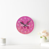 Hot Pink Glitter Girly Glam Monogram Naam Ronde Klok (Huis)