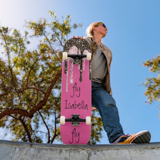 Hot Pink Glitter Girly Sparkle Persoonlijke naam Persoonlijk Skateboard (Buiten 1)