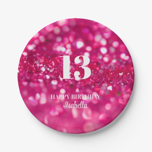 Hot Pink Glitter Glam gepersonaliseerd 13e verjaar Papieren Bordje (Voorkant)