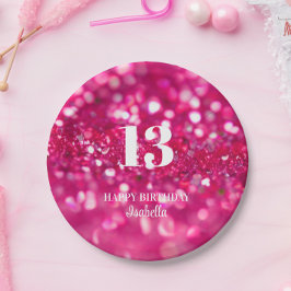 Hot Pink Glitter Glam gepersonaliseerd 13e verjaar Papieren Bordje