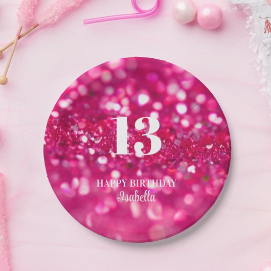 Hot Pink Glitter Glam gepersonaliseerd 13e verjaar Papieren Bordje