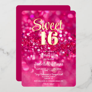 Hot Pink Glitter Glam Sweet 16 Verjaardag uitnodig Folie Uitnodiging