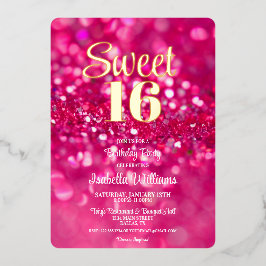 Hot Pink Glitter Glam Sweet 16 Verjaardag uitnodig Folie Uitnodiging