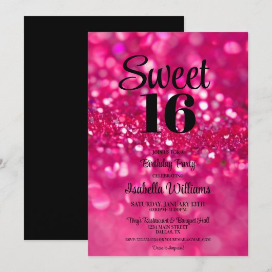 Hot Pink Glitter Glam Sweet 16 Verjaardag uitnodig Kaart (Voorkant / Achterkant)