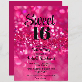Hot Pink Glitter Glam Sweet 16 Verjaardag uitnodig Kaart