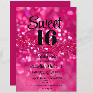 Hot Pink Glitter Glam Sweet 16 Verjaardag uitnodig Kaart