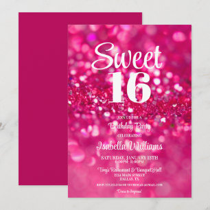Hot Pink Glitter Glam Sweet 16 Verjaardag uitnodig Kaart