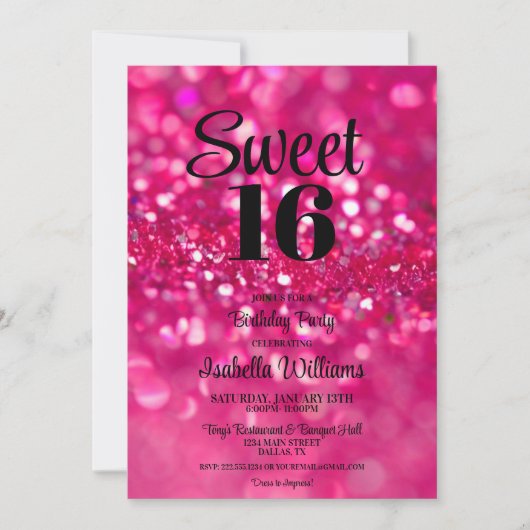 Hot Pink Glitter Glam Sweet 16 Verjaardag uitnodig Kaart (Voorkant)