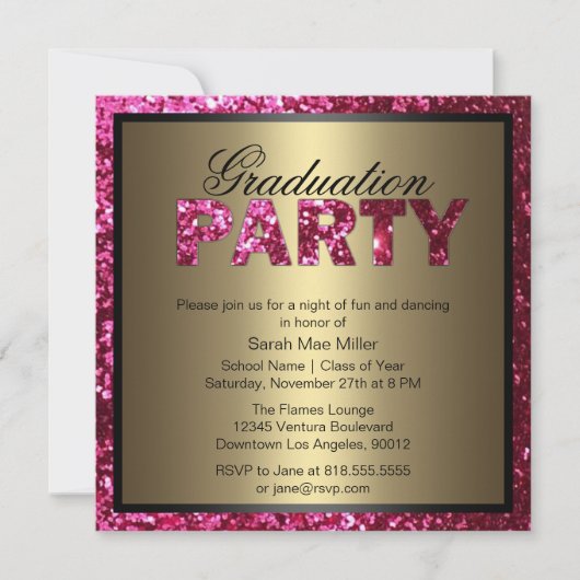 Hot Pink Glitter Graduation Party Uitnodiging (Voorkant)