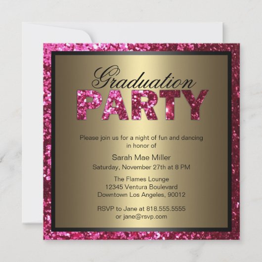 Hot Pink Glitter Graduation Party Uitnodiging (Voorkant)