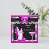 Hot Pink Glitter Hi Heels Silver Cocktail Party Kaart (Staand voorkant)