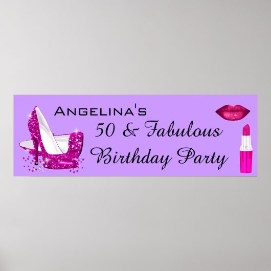 Hot Pink Glitter High Heels Paarse Birthday Banner Poster (Voorkant)