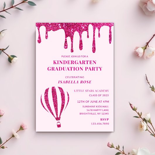 Hot Pink Glitter Kindergarten Afstudeerfeest Kaart