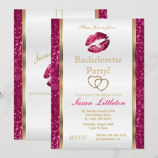 Hot Pink Glitter Lips Bachelorette Party 2 Kaart (Voorkant / Achterkant)