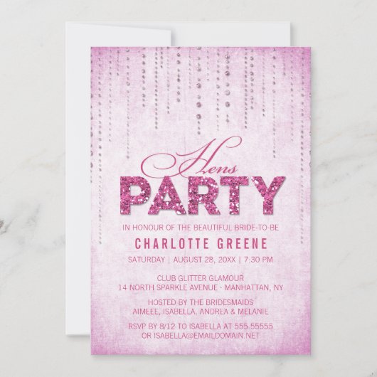 Hot Pink Glitter-look Hens-party Kaart (Voorkant)