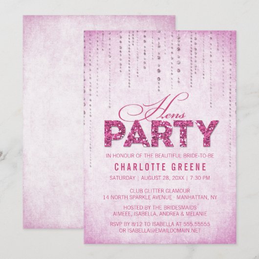 Hot Pink Glitter-look Hens-party Kaart (Voorkant / Achterkant)