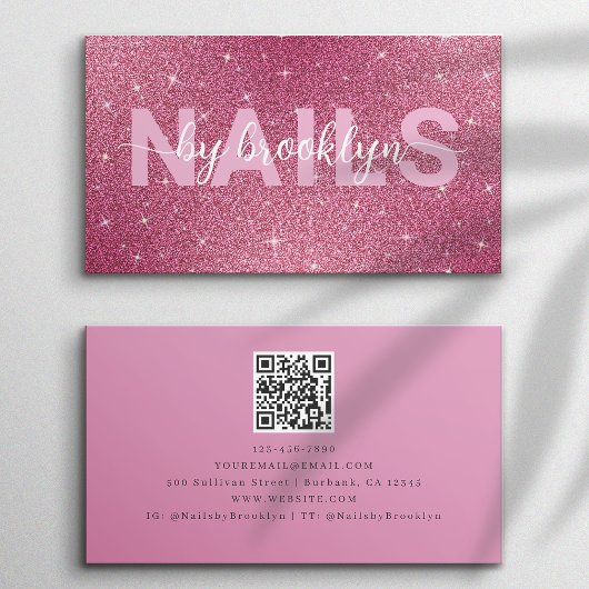 Hot Pink Glitter nagels op tech naam QR code Visitekaartje