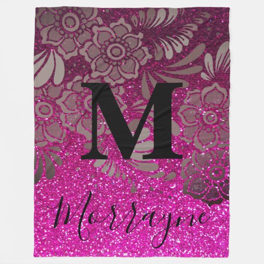 Hot Pink Glitter Ombre Boho Chic Floral Monogram Fleece Deken (Voorkant)