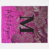 Hot Pink Glitter Ombre Boho Chic Floral Monogram Fleece Deken (Voorkant (Horizontaal))