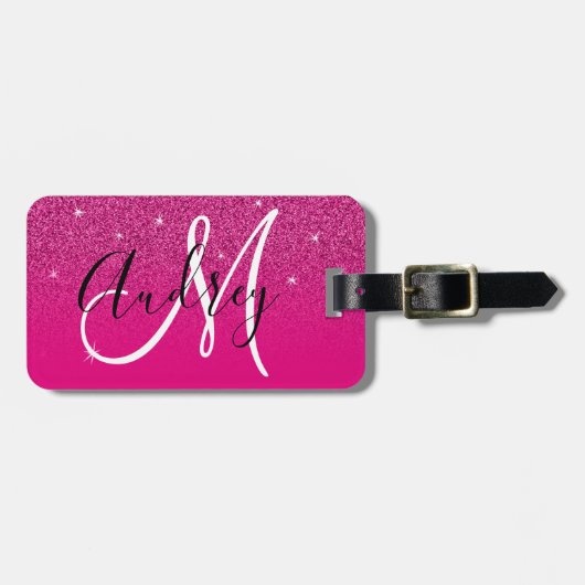 Hot Pink Glitter Ombre Gepersonaliseerd Monogram Bagagelabel (Voorkant horizontaal)
