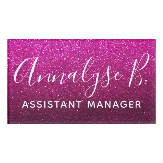 Hot Pink Glitter Ombre Sparkly Name Professional Naambadge (Voorkant)