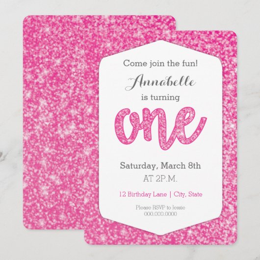 Hot Pink Glitter "One" eerste verjaardag Kaart (Voorkant / Achterkant)