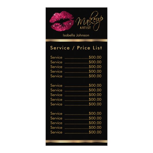 Hot Pink Glitter op Black Lip Service / prijslijst Reclamekaart (Voorkant)