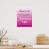 Hot Pink Glitter Quinceañera 15th Birthday Welkom Poster (Keuken)