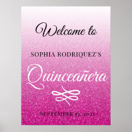 Hot Pink Glitter Quinceañera 15th Birthday Welkom Poster