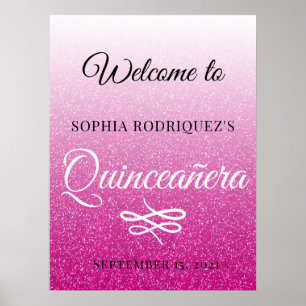 Hot Pink Glitter Quinceañera 15th Birthday Welkom Poster