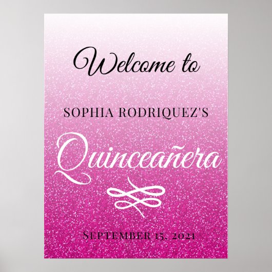 Hot Pink Glitter Quinceañera 15th Birthday Welkom Poster (Voorkant)