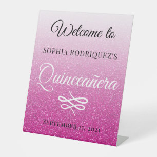 Hot Pink Glitter Quinceañera 15th Birthday Welkom Reclamebord Met Voetstuk