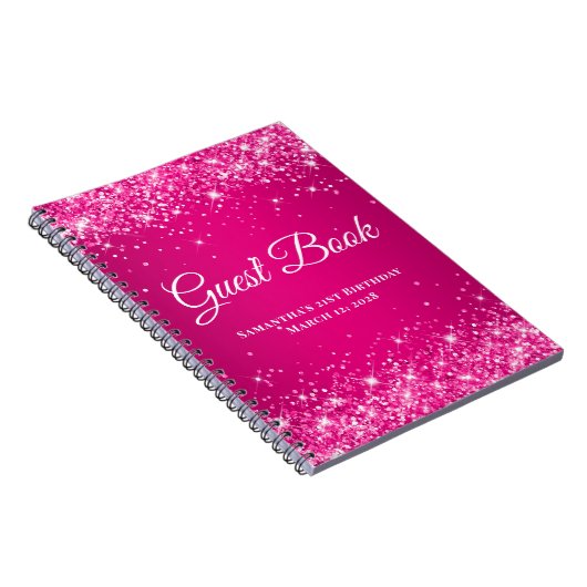 Hot Pink Glitter Raspberry Ombre Birthday Guest Notitieboek (Rechterzijde)