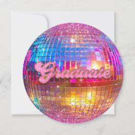 Hot Pink Glitter Retro Disco Ball Graduation Party Kaart